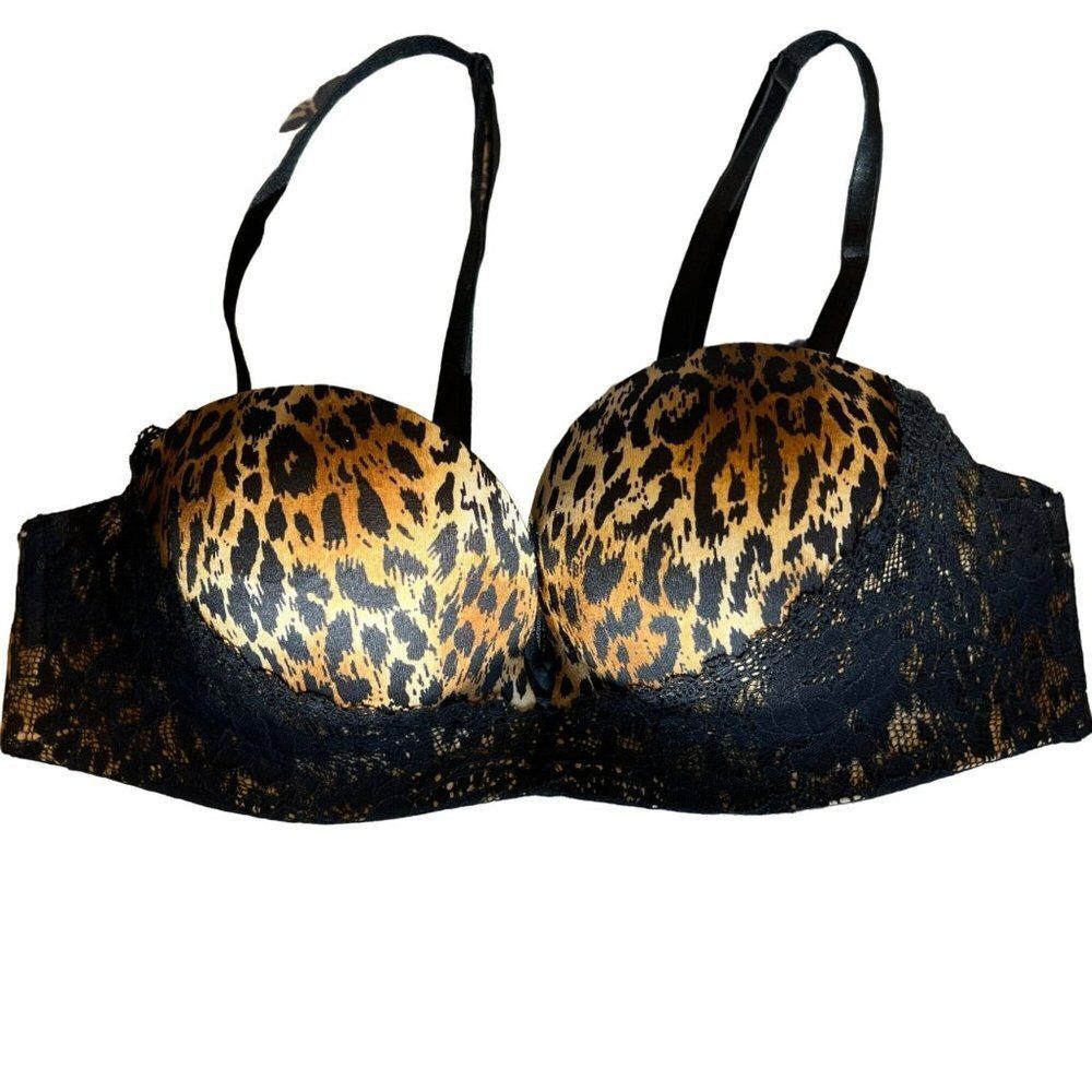 VICTORIA’S SECRET LEOPARD & LACE CONVERTIBLE STRAPLESS MIRACULOUS PADDED BRA SIZ